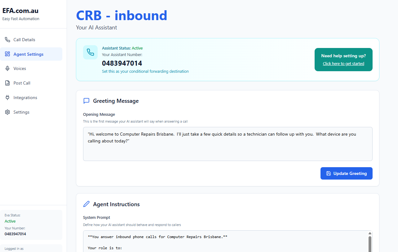 EFA Dashboard showing AI assistant settings and greeting message